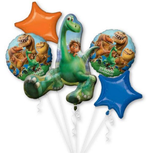 Colorful Good Dinosaur foil balloons pack, featuring 1 unique shape and 4 standard balloons for festive celebrations.