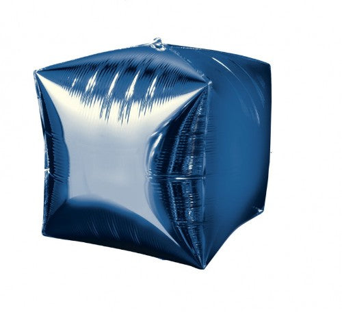 Blue cube-shaped 38cm foil balloon, perfect for festive celebrations and stylish decor.