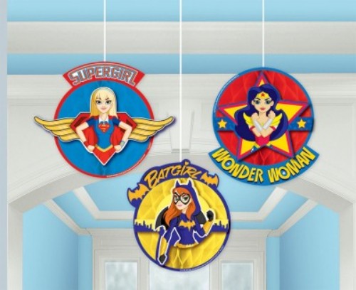 Vibrant pack of 3 honeycomb decorations featuring DC Superhero Girls for lively party decor.