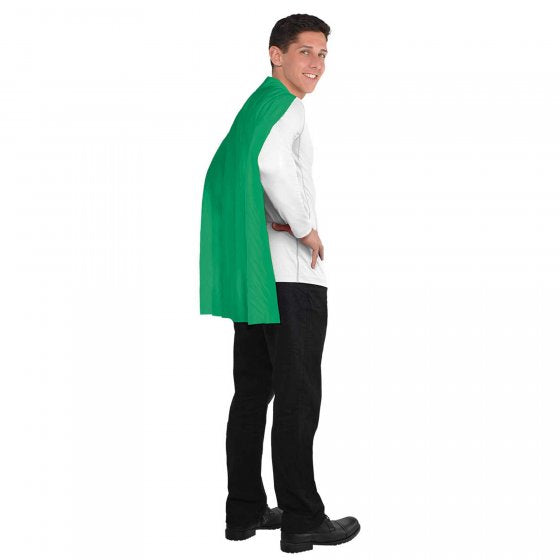 Green superhero cape for adults and kids, 76cm long with hook-and-loop closure, suitable for ages 6 and up.
