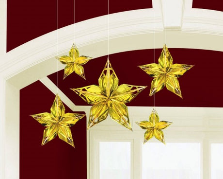 Pack of 5 metallic star decorations to add sparkle and glamour to any celebration or event.