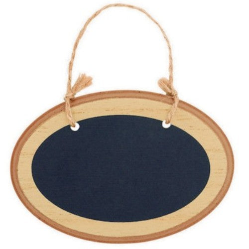 Charming mini oval chalkboard sign in natural finish with twine hanger, perfect for home decor and events.