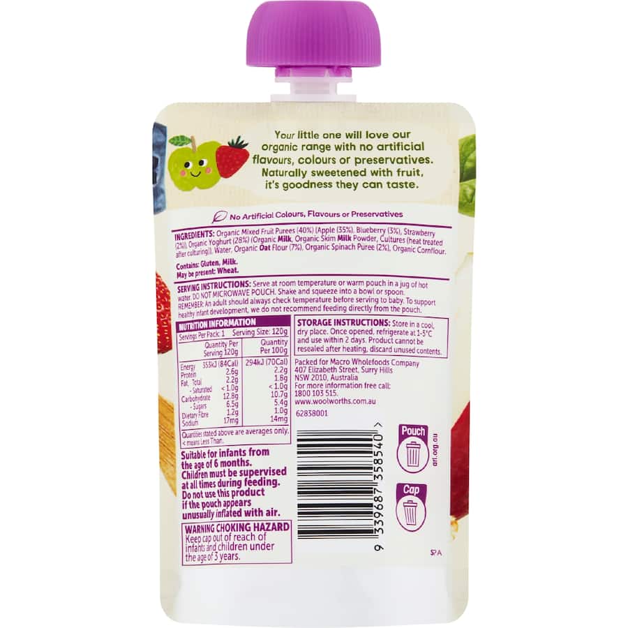 Macro Organic Baby Food 6+ Months Mixed Fruit & Spinach Pouch 120g