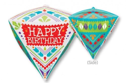 Ultrashape diamond-shaped foil balloon in Scandinavian design for happy birthday celebrations, measuring 38cm x 43cm.