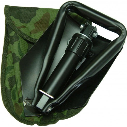 Lightweight folding camp shovel in camo pouch, durable carbon steel, serrated edge, adjustable for various outdoor tasks.