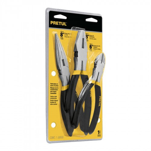 Versatile Pretul 3-piece plier set with carbon steel construction and ergonomic vinyl handles for comfort and durability.