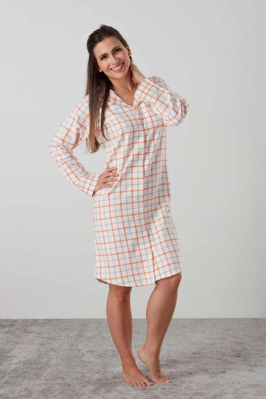 Elegant small Quinn nightshirt by BAKSANA, made from soft brushed cotton, featuring long sleeves and a button-up design.