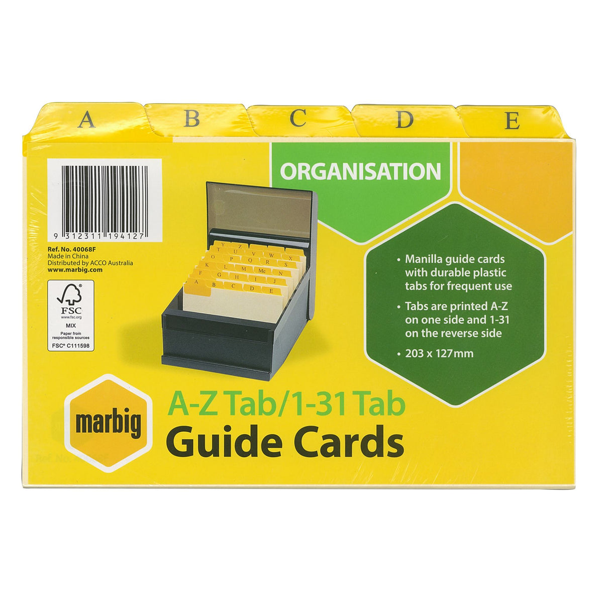 Marbig Guide Cards 8x5, featuring A-Z and 1-31 tabs for efficient filing and organization in home or office settings.