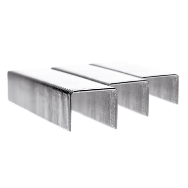 Galvanized flatwire staples, 8mm leg length, ideal for insulation, plastics, and cardboard, 5000 staples per box.