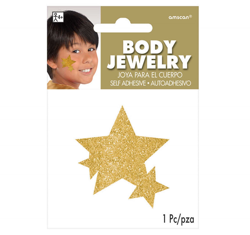 Gold glitter star body jewelry, self-adhesive, perfect for cheer and festive occasions, reflects team spirit and style.