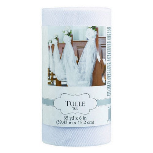 White tulle spool measuring 6" x 65 yards, perfect for elegant decorations, crafting, and DIY projects.