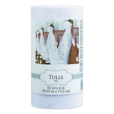 White tulle spool measuring 6" x 65 yards, perfect for elegant decorations, crafting, and DIY projects.