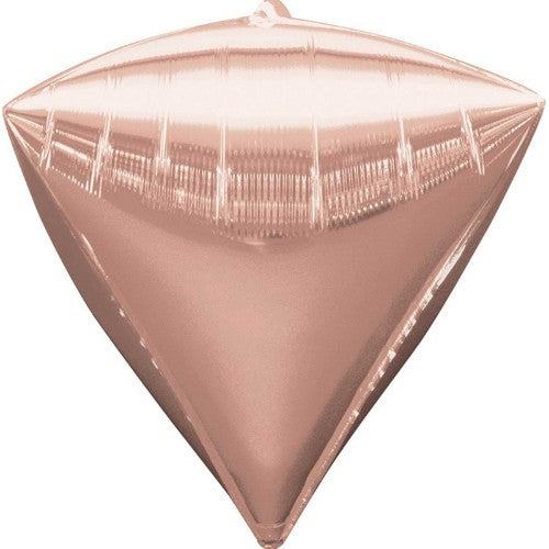 Rose gold diamond-shaped foil balloon, 38cm x 43cm, perfect for elegant celebrations and easy to inflate with self-sealing feature.