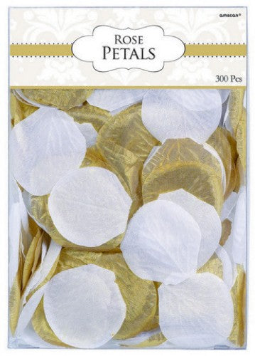 Pack of 300 luxurious gold and white rose fabric confetti petals, perfect for elegant event decor and celebrations.
