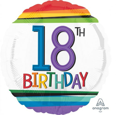 Vibrant 45cm rainbow balloon celebrating 18th birthday, perfect for decorations and creating joyful party atmosphere.