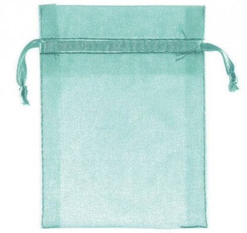 Pack of 24 organza bags in robin's-egg blue, perfect for gifts and party favors, measuring 10cm x 7cm.