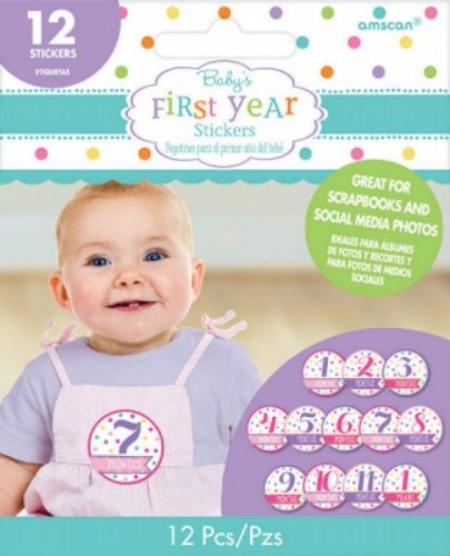 Colorful month-by-month stickers for girls, capturing baby's milestones in vibrant designs, ideal for photos and keepsakes.