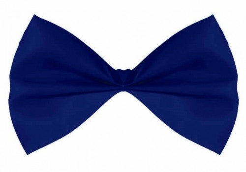 Navy bowtie crafted from 100% polyester, featuring elastic for a comfortable fit, ideal for formal and themed events.