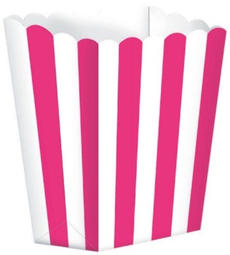 Small bright pink popcorn favor boxes in a pack of 5, perfect for parties and events, adding color and charm to any table.