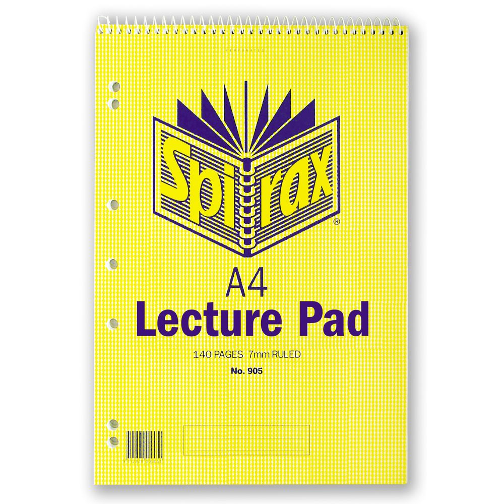 Spirax 905 A4 lecture book with 140 perforated pages, top-opening design, red ruled margin, and 7-hole punched for binders.
