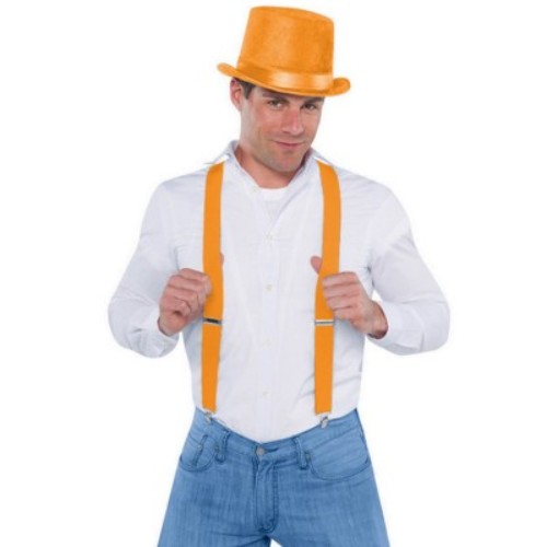 Vibrant orange suspenders with adjustable Y-back design and secure clips, perfect for adding style to any outfit.