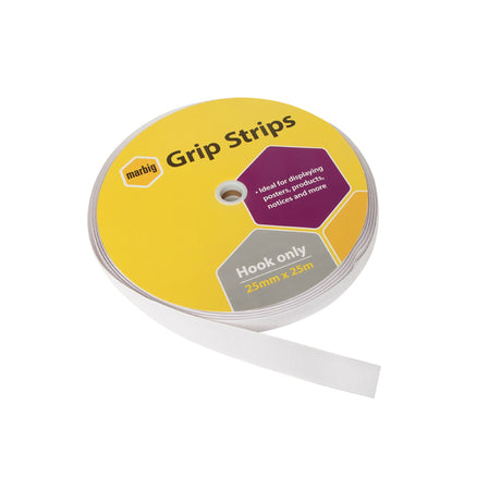 Marbig Hook 25mm x 25m Bulk featuring strong self-adhesive for versatile mounting on various surfaces.