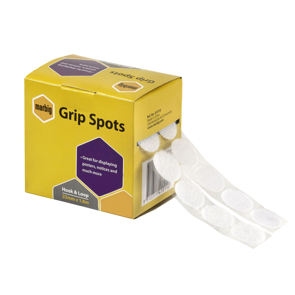 Self-adhesive Marbig Hook Grip Spots, 22mm x 3.6m, ideal for mounting on various surfaces, perfect for organization.