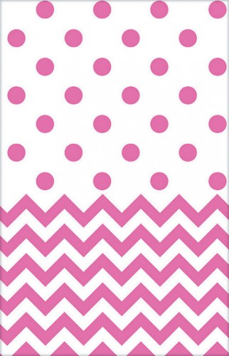 Bright pink chevron plastic tablecover, 54" x 102", perfect for parties and easy cleanup.