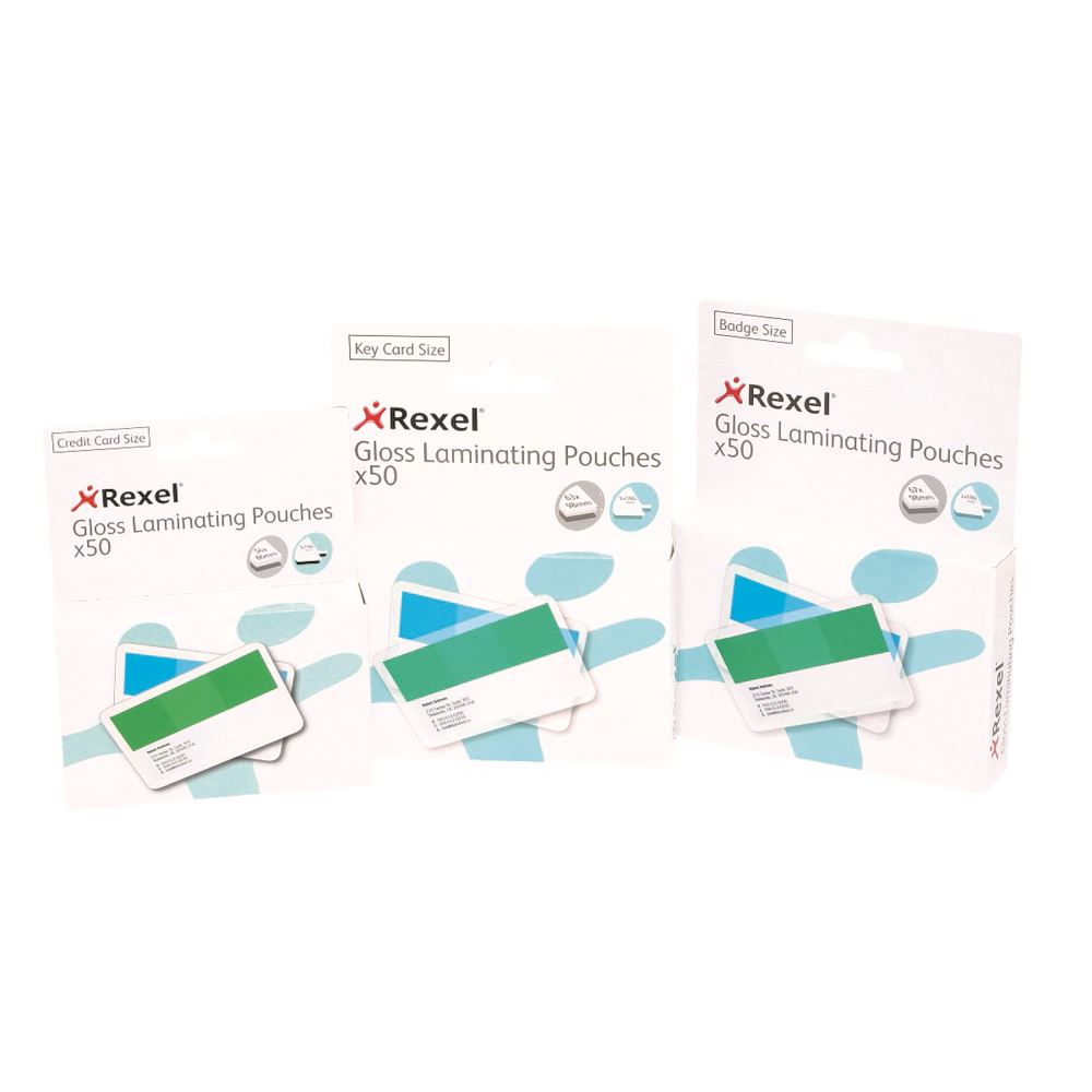 Rexel Laminating Pouch 67x98mm, 180 Micron, pack of 50 for durable document protection with a crystal-clear gloss finish.