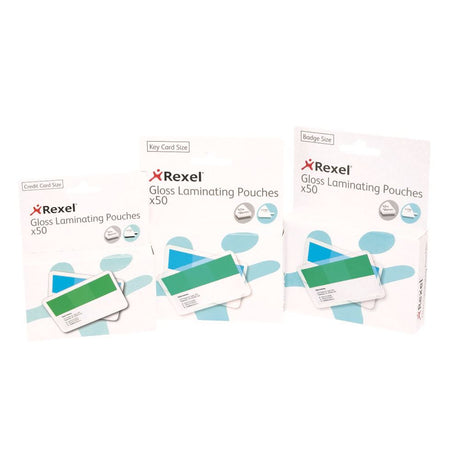 Rexel Laminating Pouch 67x98mm, 180 Micron, pack of 50 for durable document protection with a crystal-clear gloss finish.