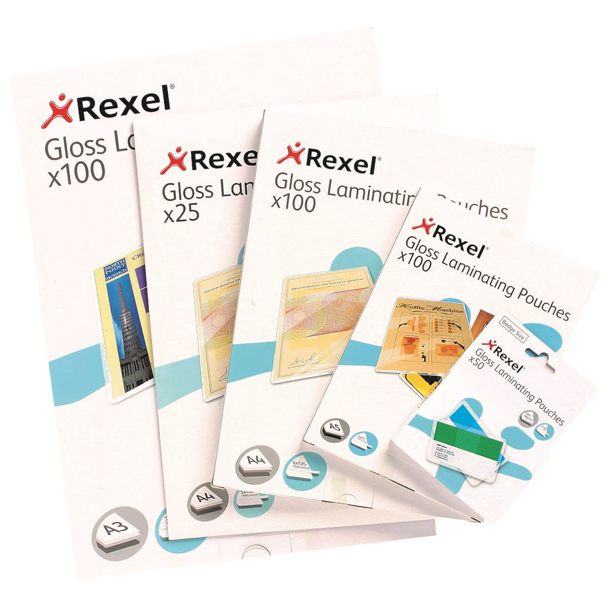 Rexel A4 laminating pouches, 125 micron, pack of 100, for protecting and enhancing documents with a glossy finish.
