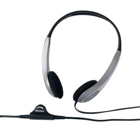 Verbatim Headset with Volume Control for clear audio, adjustable ear cups, and convenient mono/stereo switch.