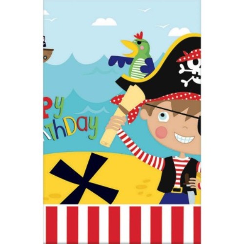 Colorful plastic tablecover featuring playful pirate designs, perfect for adventurous birthday parties.