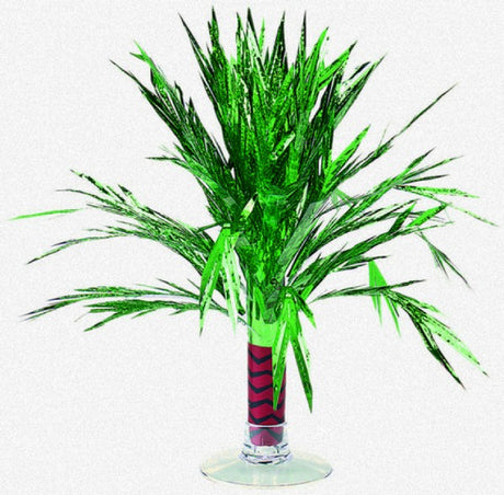 Mini Palm Tree Foil Centrepiece, 8.5 inches tall, adds tropical elegance to tables for parties and gatherings.