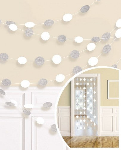 Glittering frosty white round string decorations, 7 feet long, ideal for festive events and easy to hang, pack of 6.