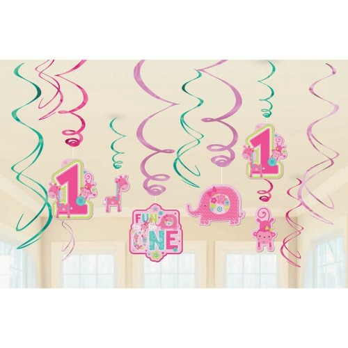Colorful Swirl Value Pack featuring 12 vibrant decorations, perfect for festive occasions like birthdays and baby showers.