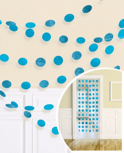 Vibrant Glitter Round String Decorations in Caribbean Blue, 7ft long, ideal for enhancing celebrations and events.