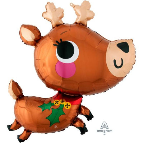 76cm self-sealing foil balloon in the shape of an adorable reindeer, perfect for festive celebrations.