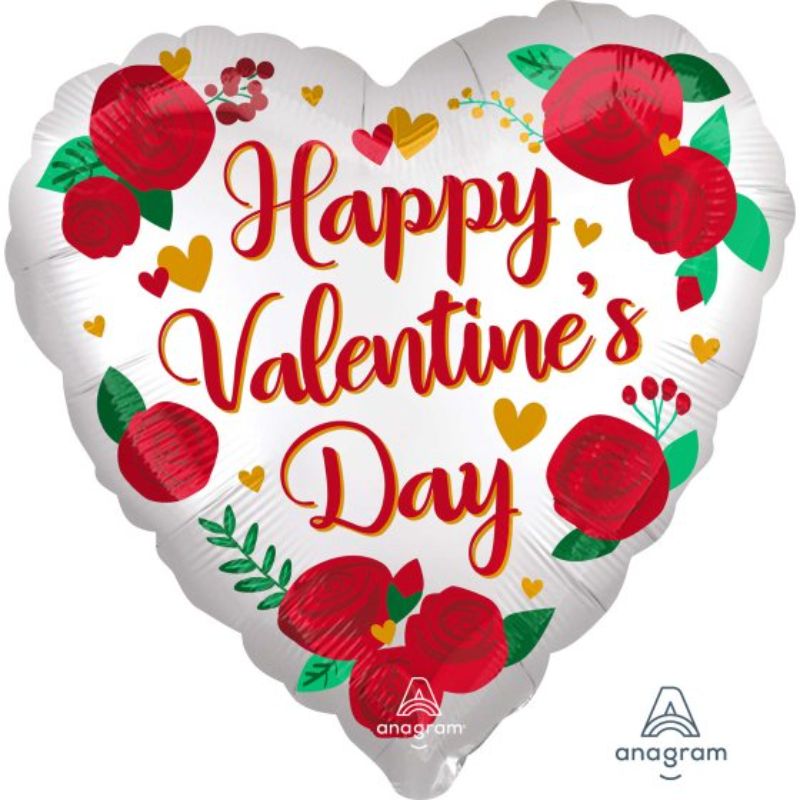 Jumbo foil balloon featuring satin infused roses for Valentine's Day, measuring 71cm and self-sealing.