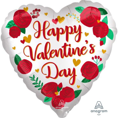 Jumbo foil balloon featuring satin infused roses for Valentine's Day, measuring 71cm and self-sealing.