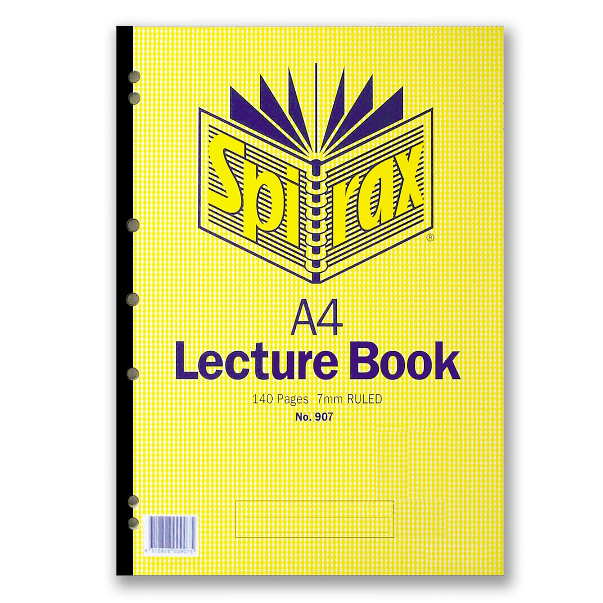 Spirax 907 A4 Lecture Pad with 140 perforated pages, 7mm ruled lines, side opening, and 7-hole punch for binders.