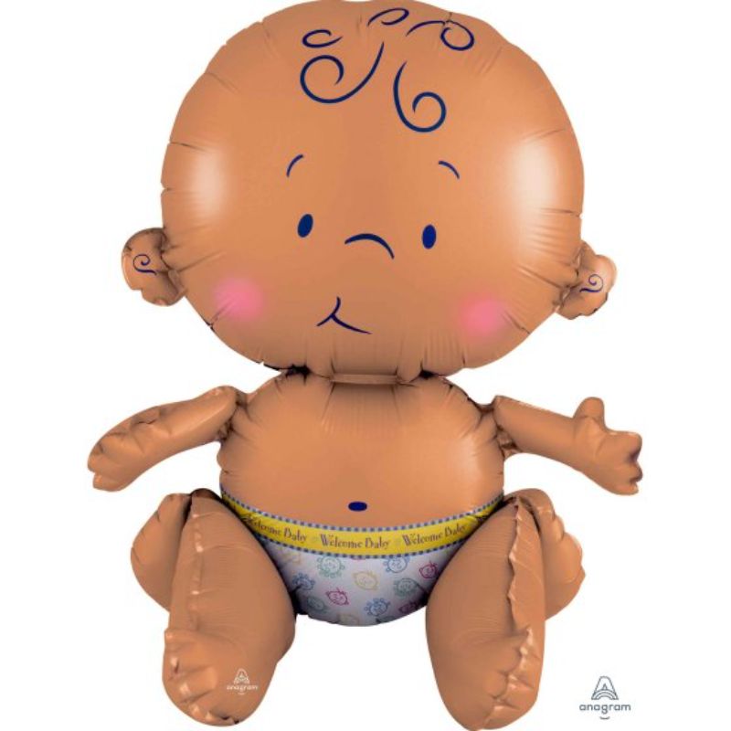 Colorful self-sealing foil balloon featuring a cheerful sitting baby, perfect for baby showers and first birthdays.