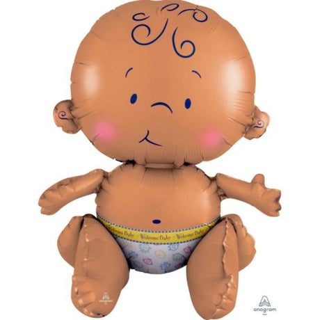 Colorful self-sealing foil balloon featuring a cheerful sitting baby, perfect for baby showers and first birthdays.
