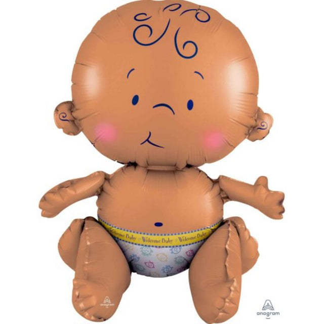 Colorful self-sealing foil balloon featuring a cheerful sitting baby, perfect for baby showers and first birthdays.