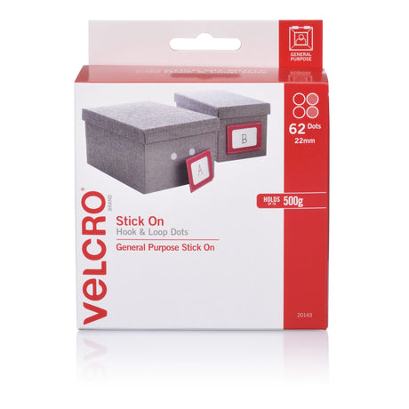 VELCRO® Brand 22mm white hook and loop fasteners with 62 adhesive dots for secure mounting and organization.