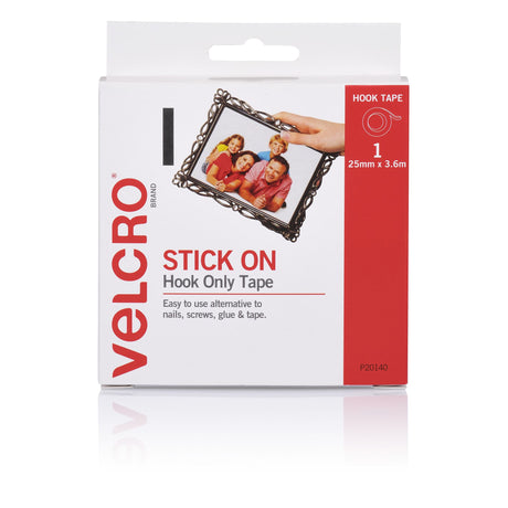 VELCRO® Brand Hook Fasteners Strip in white, 25mmx3.6m, ideal for organizing, mounting, and securing various materials.