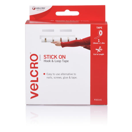 White self-adhesive VELCRO® Hook & Loop Fasteners strip, 20mm x 1.8m, perfect for organizing and crafting projects.