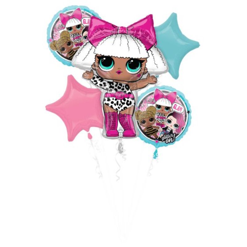 Set of 5 colorful self-sealing foil balloons featuring LOL Surprise characters, perfect for kids' parties and celebrations.