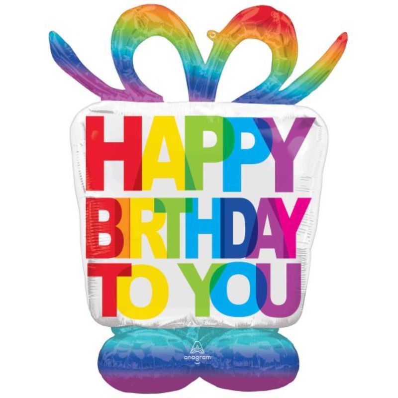 Vibrant birthday present balloon, measuring 96cm x 127cm, ideal for festive decorations and photo ops.