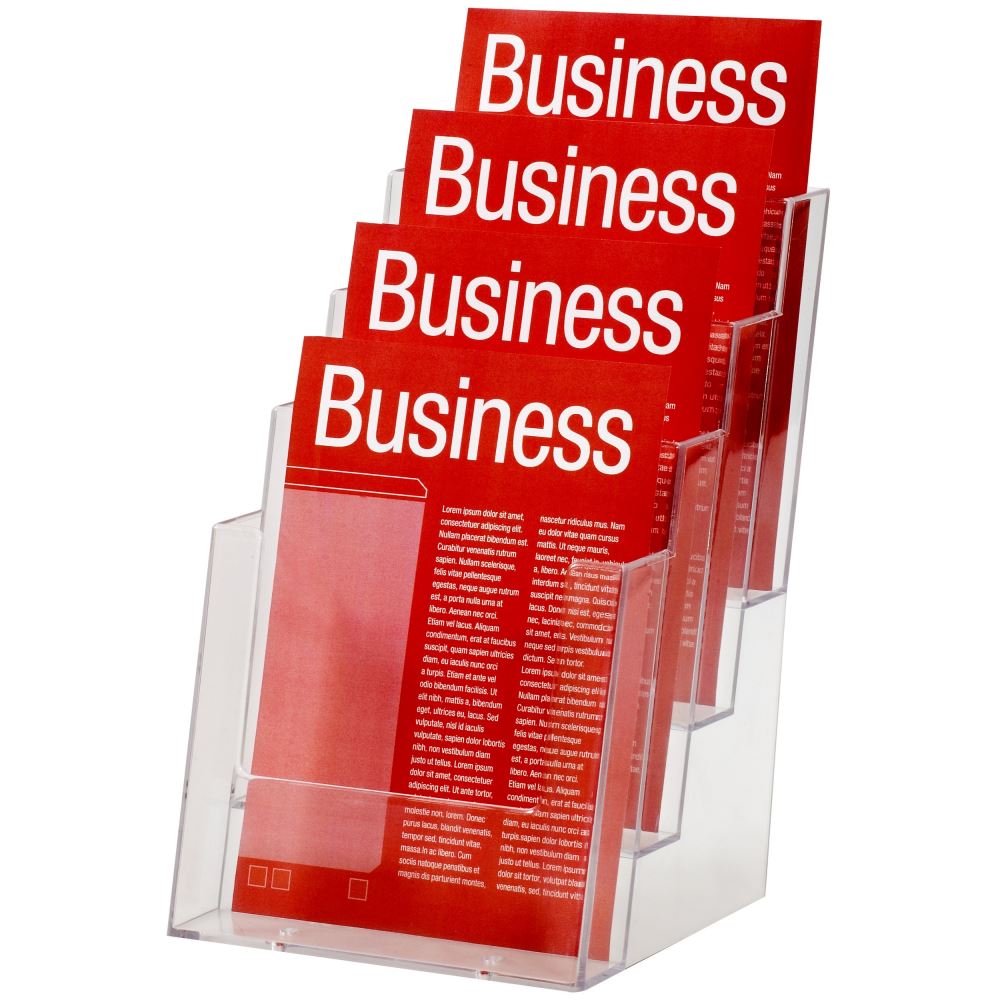 Esselte A5 four-tier brochure holder, free-standing, designed for displaying flyers and promotional materials stylishly.